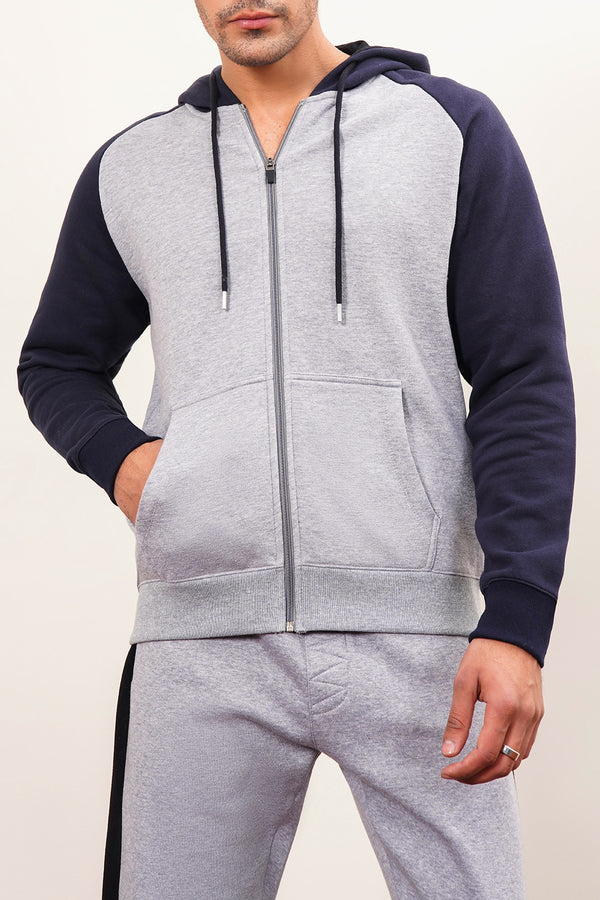 Men'S Raglan Grey & Navy Zipper Hoodie