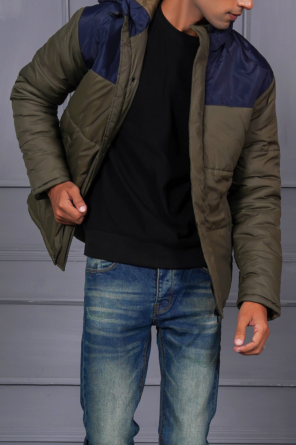 Men Olive Puffer Jacket With Navy Hood