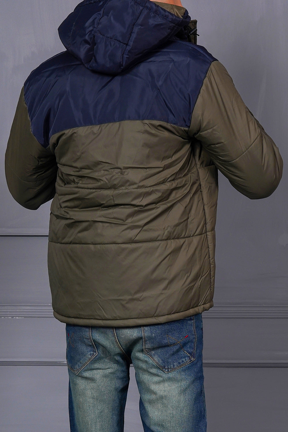 Men Olive Puffer Jacket With Navy Hood