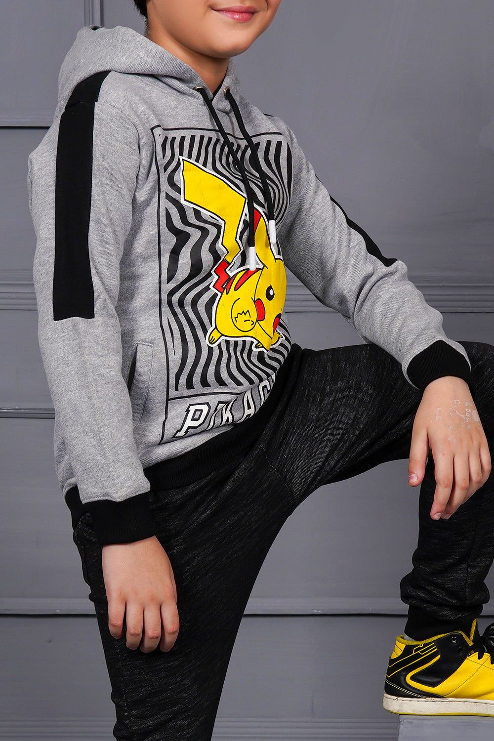 Boy'S Grey Graphic Paneled Jumper Hoodie