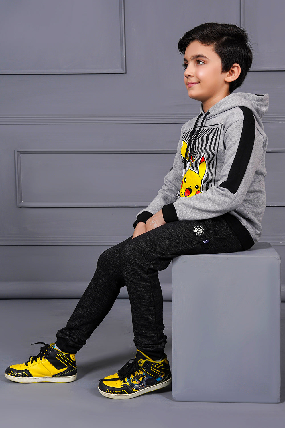 Boy'S Grey Graphic Paneled Jumper Hoodie