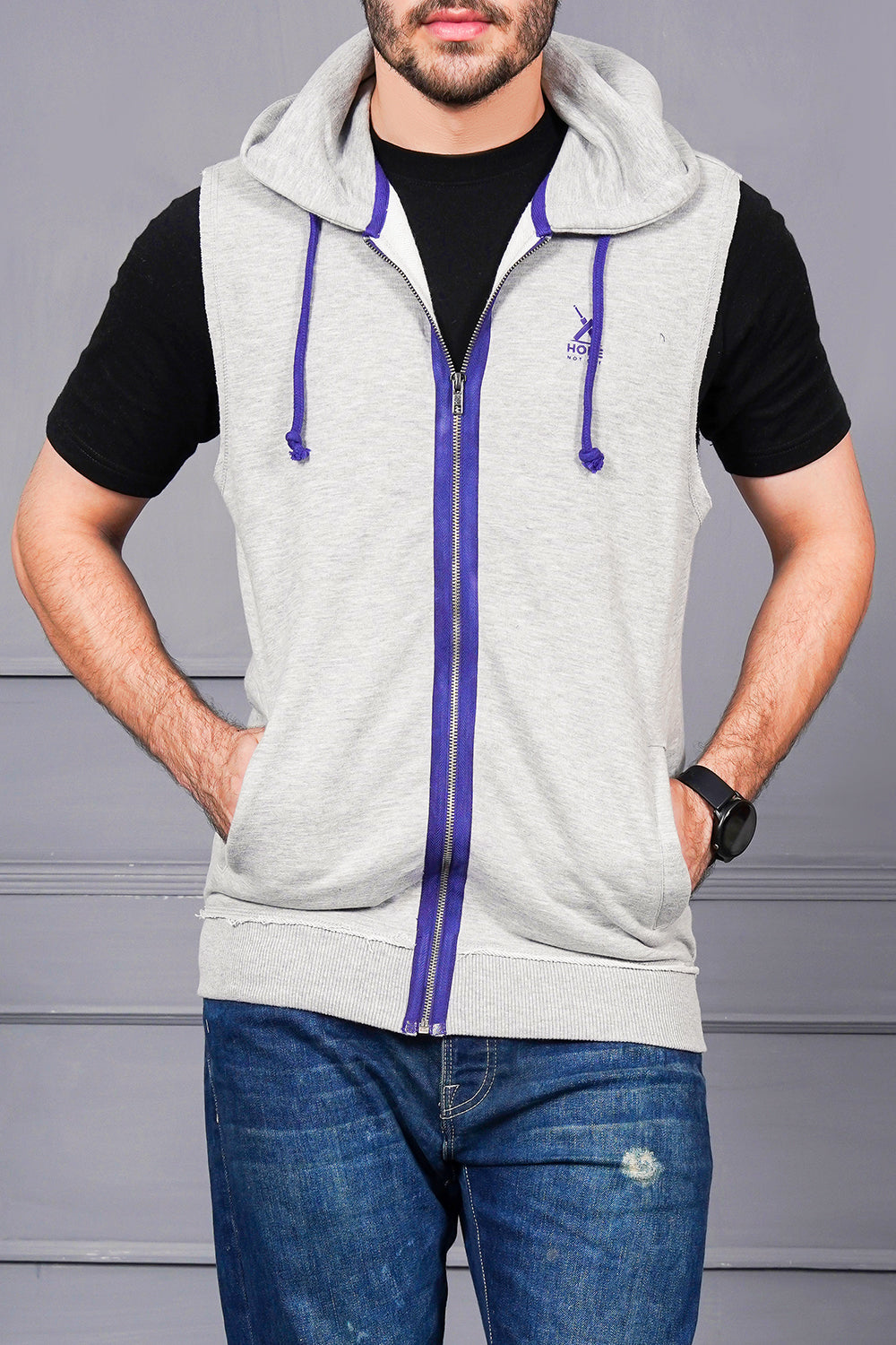 Men Grey Sleeveless Hoody