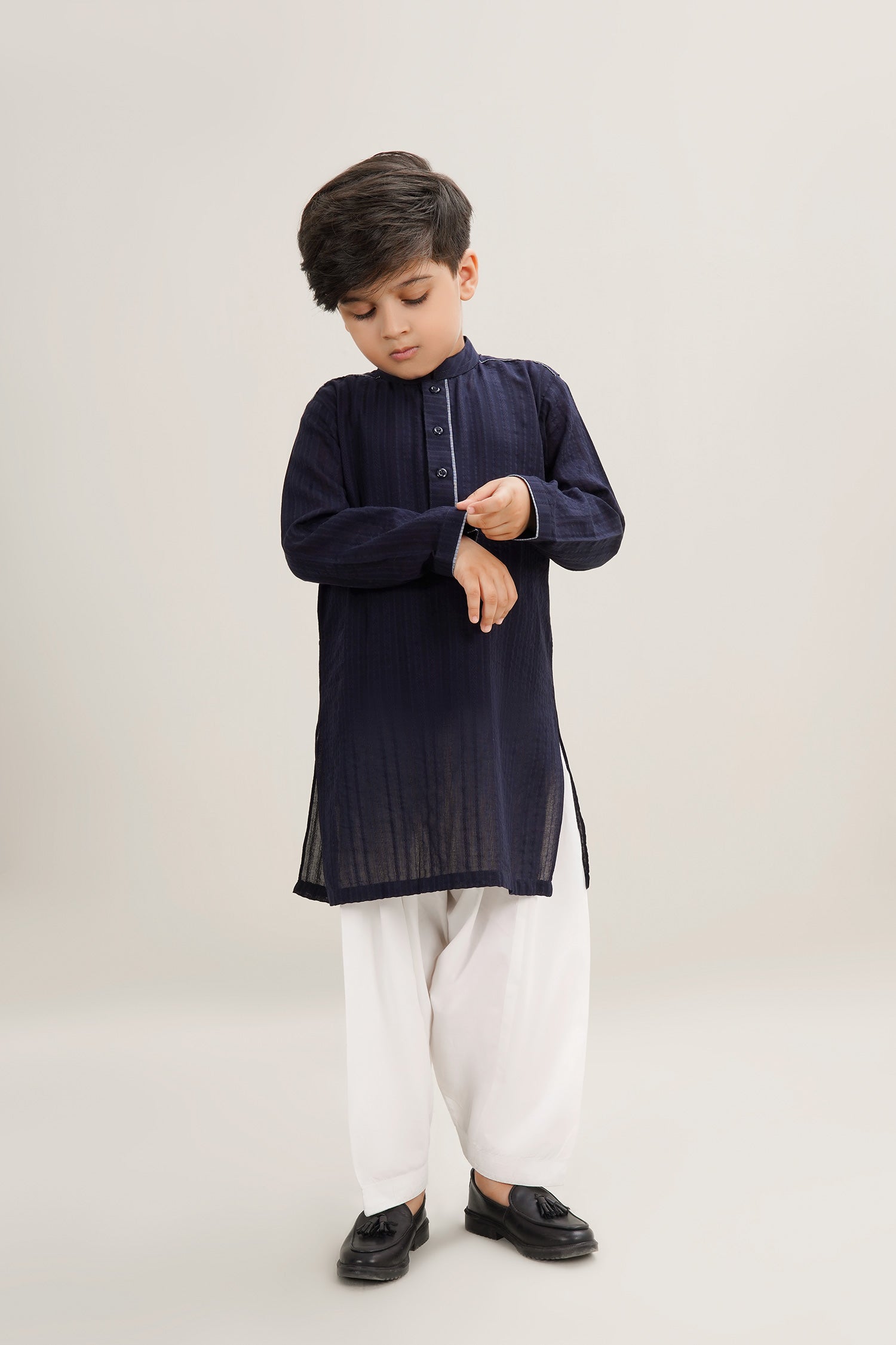 Navy Blue Boys Cotton Textured Kurta