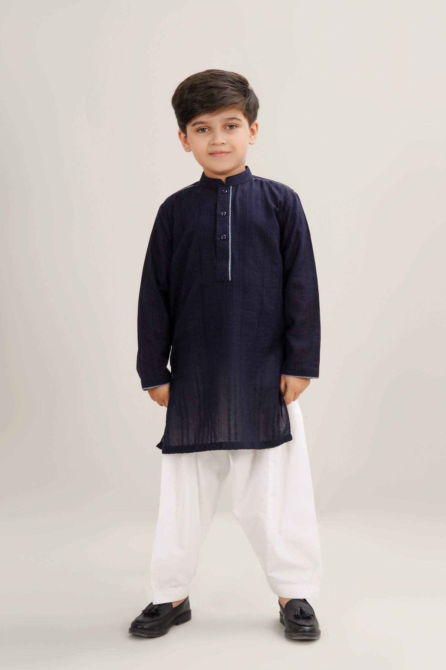 Navy Blue Boys Cotton Textured Kurta