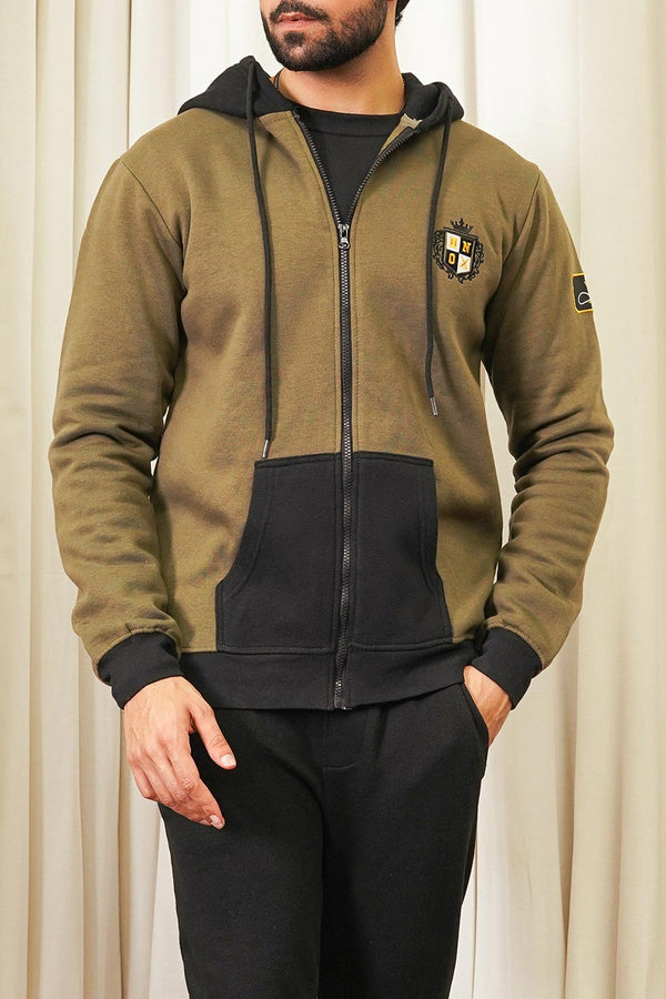 Men Olive Black Zipper Hoodie