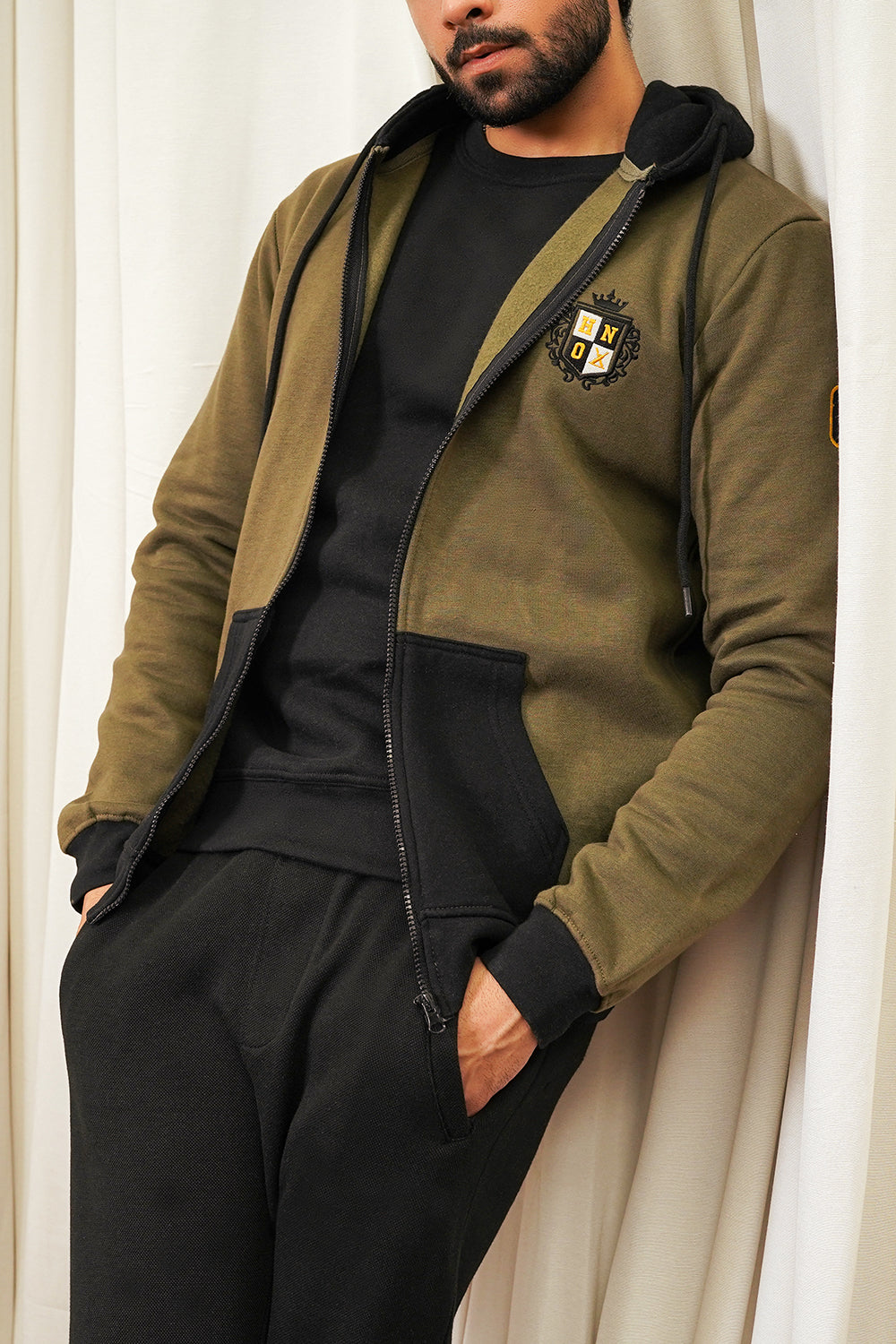 Men Olive Black Zipper Hoodie