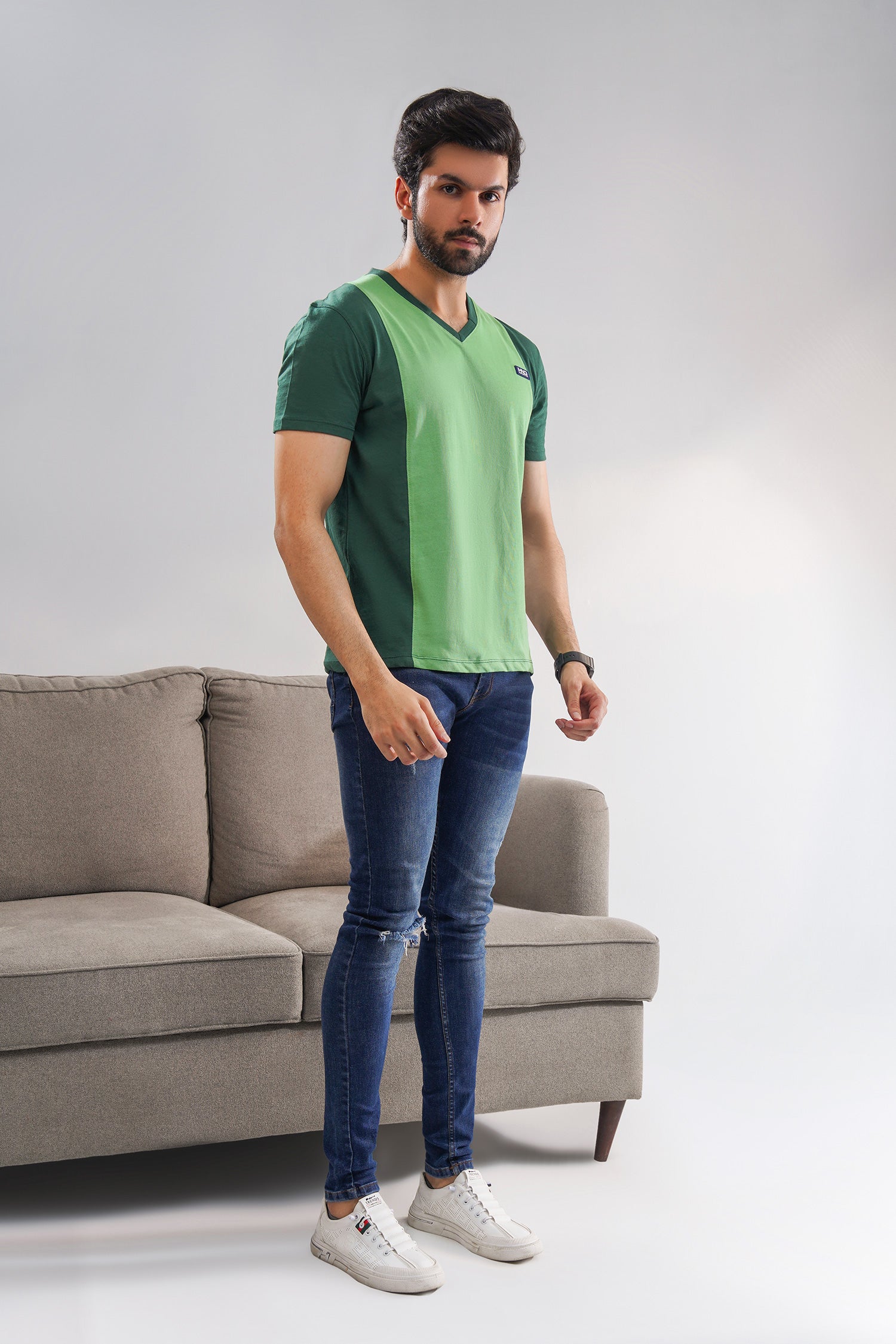 Green Relaxed Fit V-Neck For Men