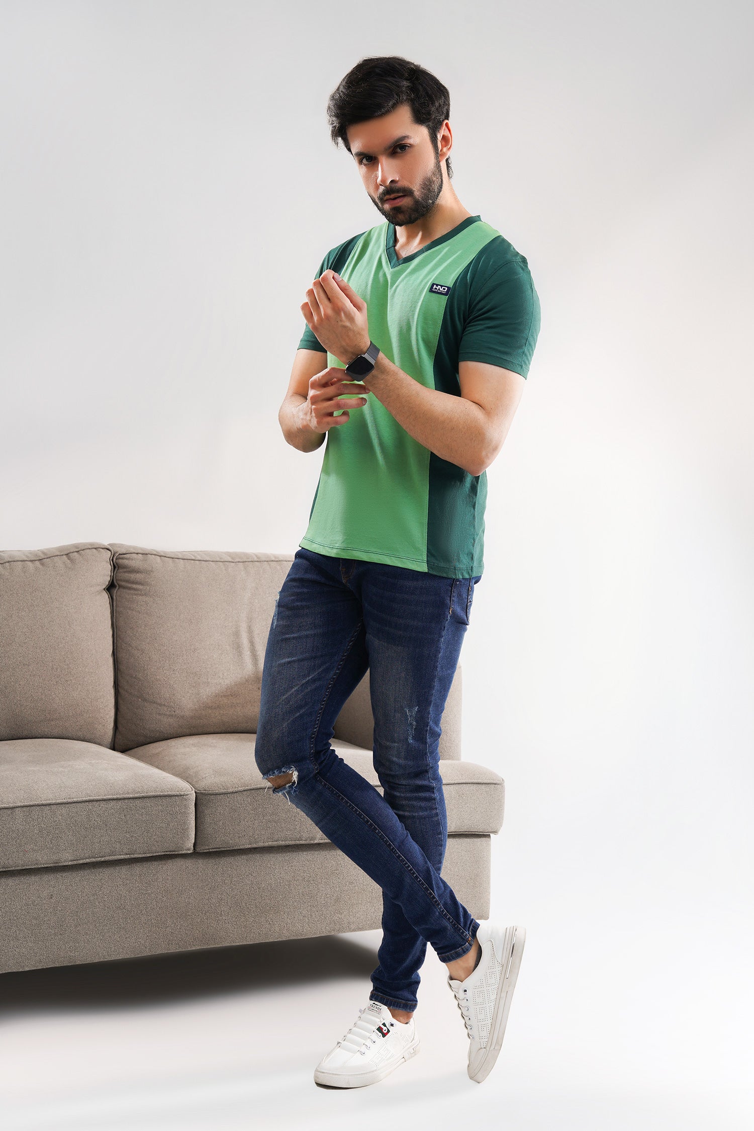 Green Relaxed Fit V-Neck For Men