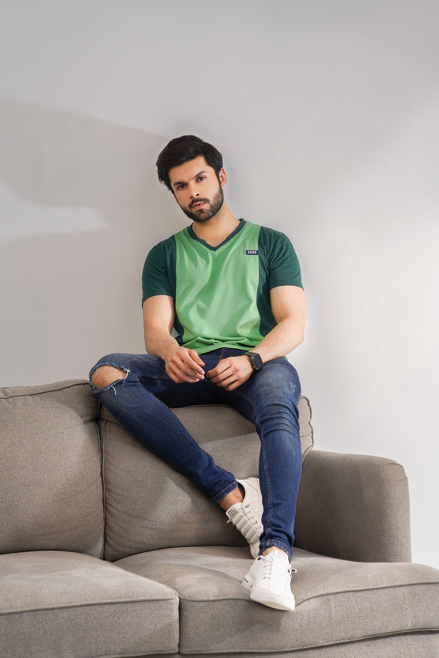 Green Relaxed Fit V-Neck For Men