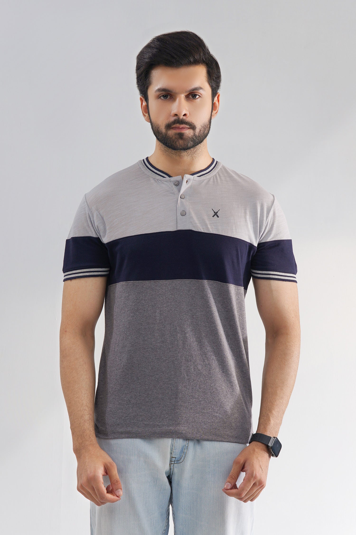 Grey Three Button Henley Shirt