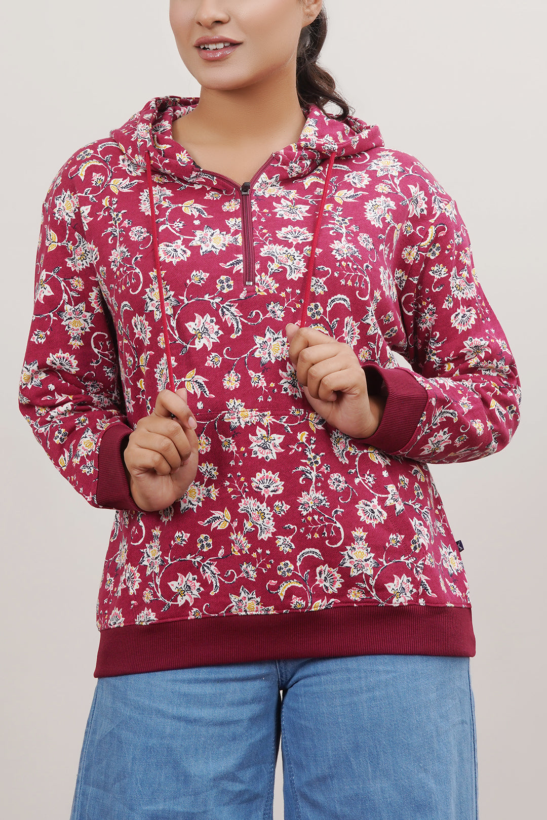 Women Floral Self Printed Zipper Hood