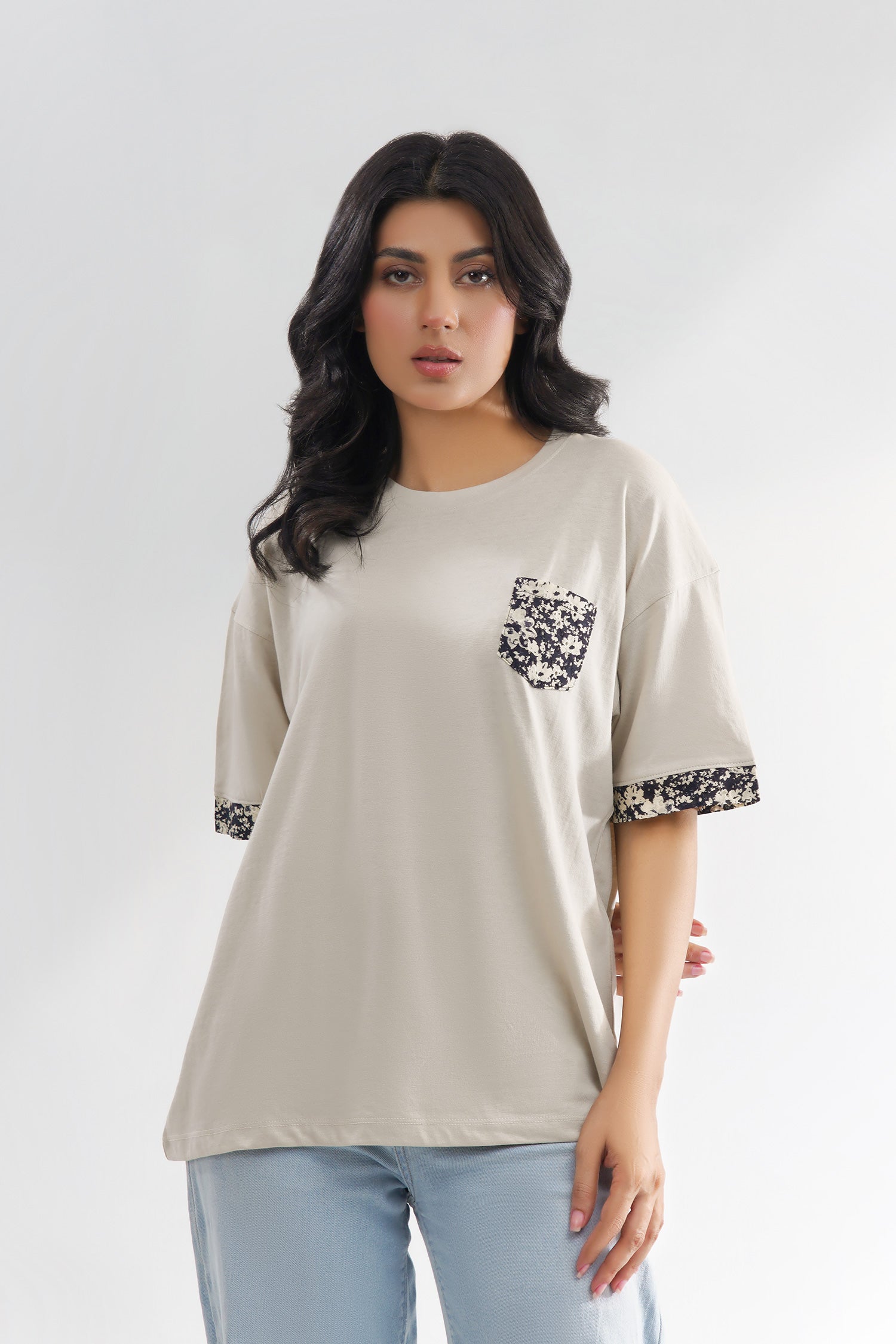 Relax Fit Women Tee With Printed Woven Trims