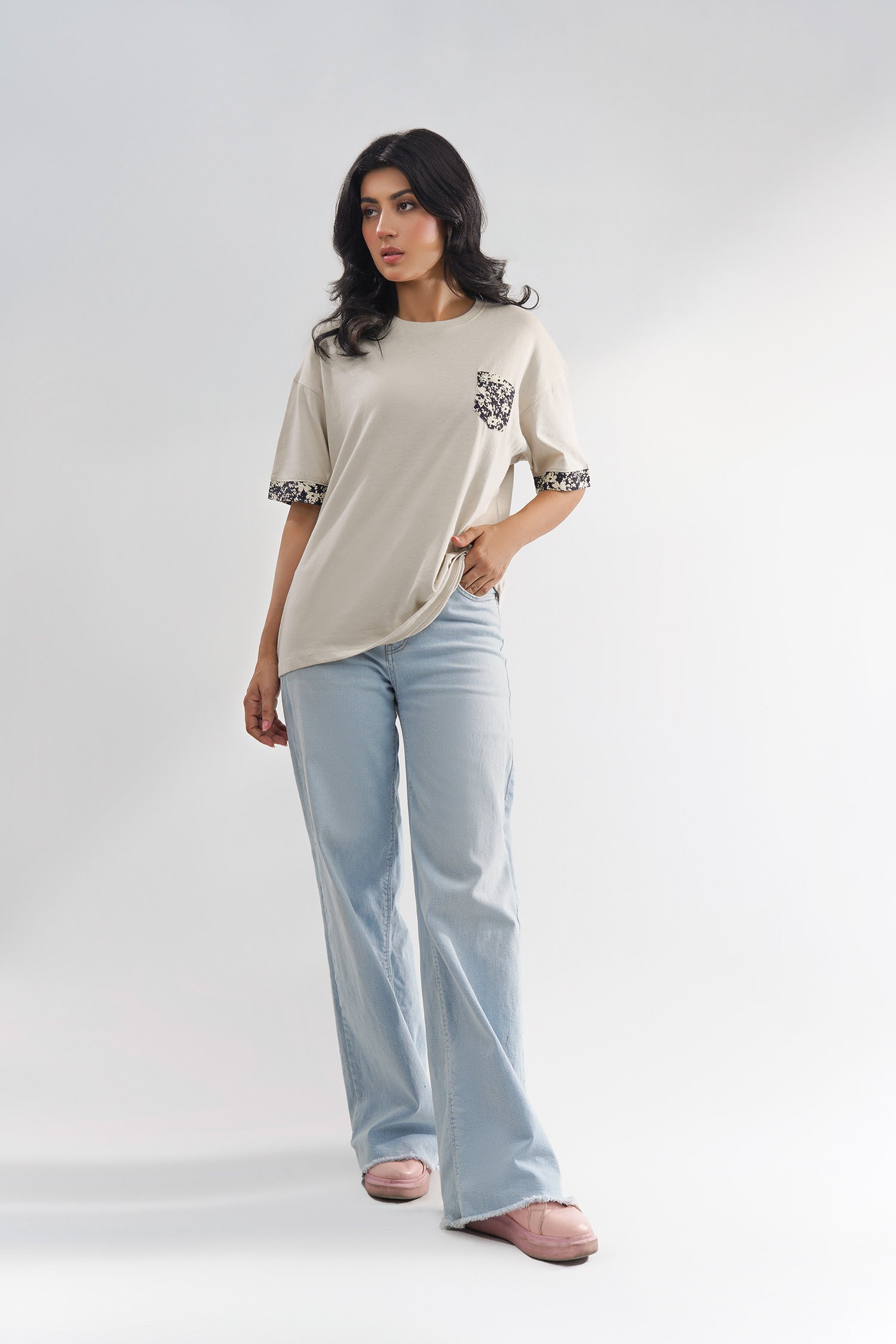 Relax Fit Women Tee With Printed Woven Trims