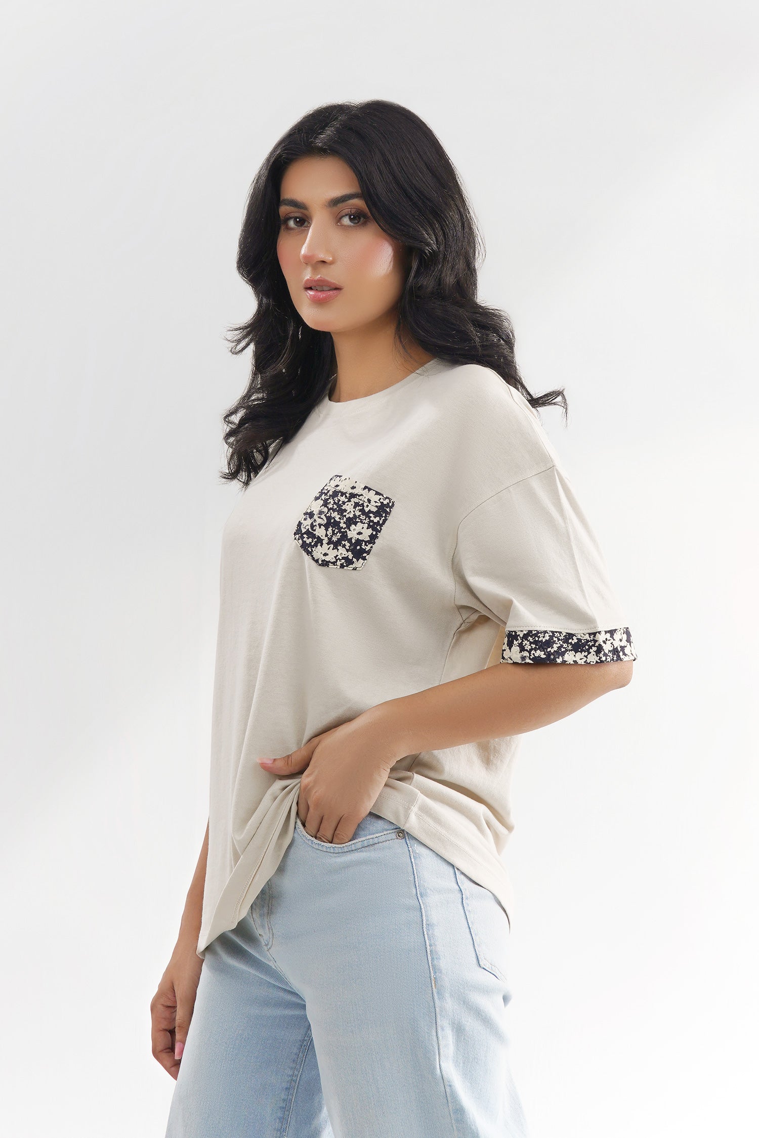 Relax Fit Women Tee With Printed Woven Trims