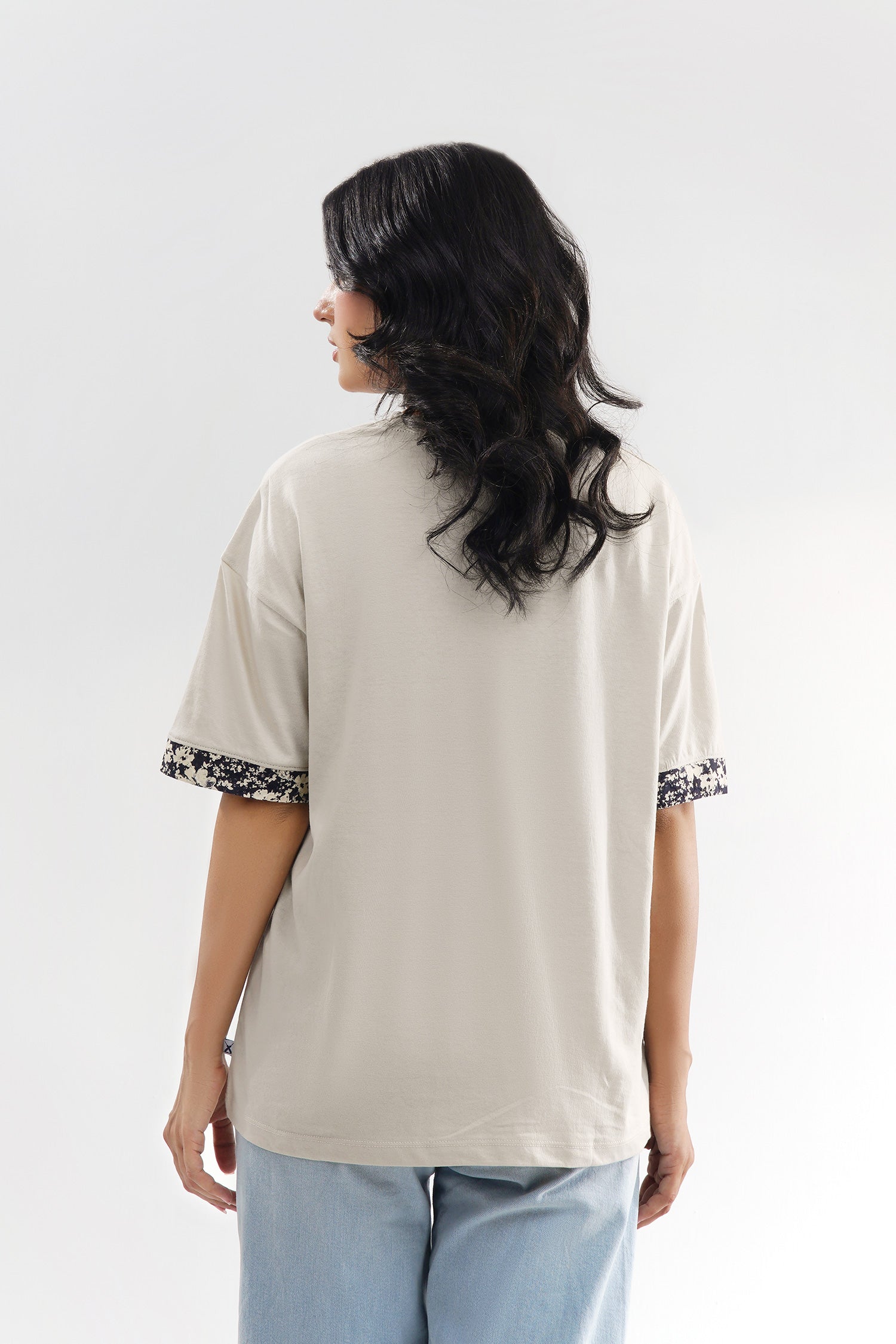 Relax Fit Women Tee With Printed Woven Trims