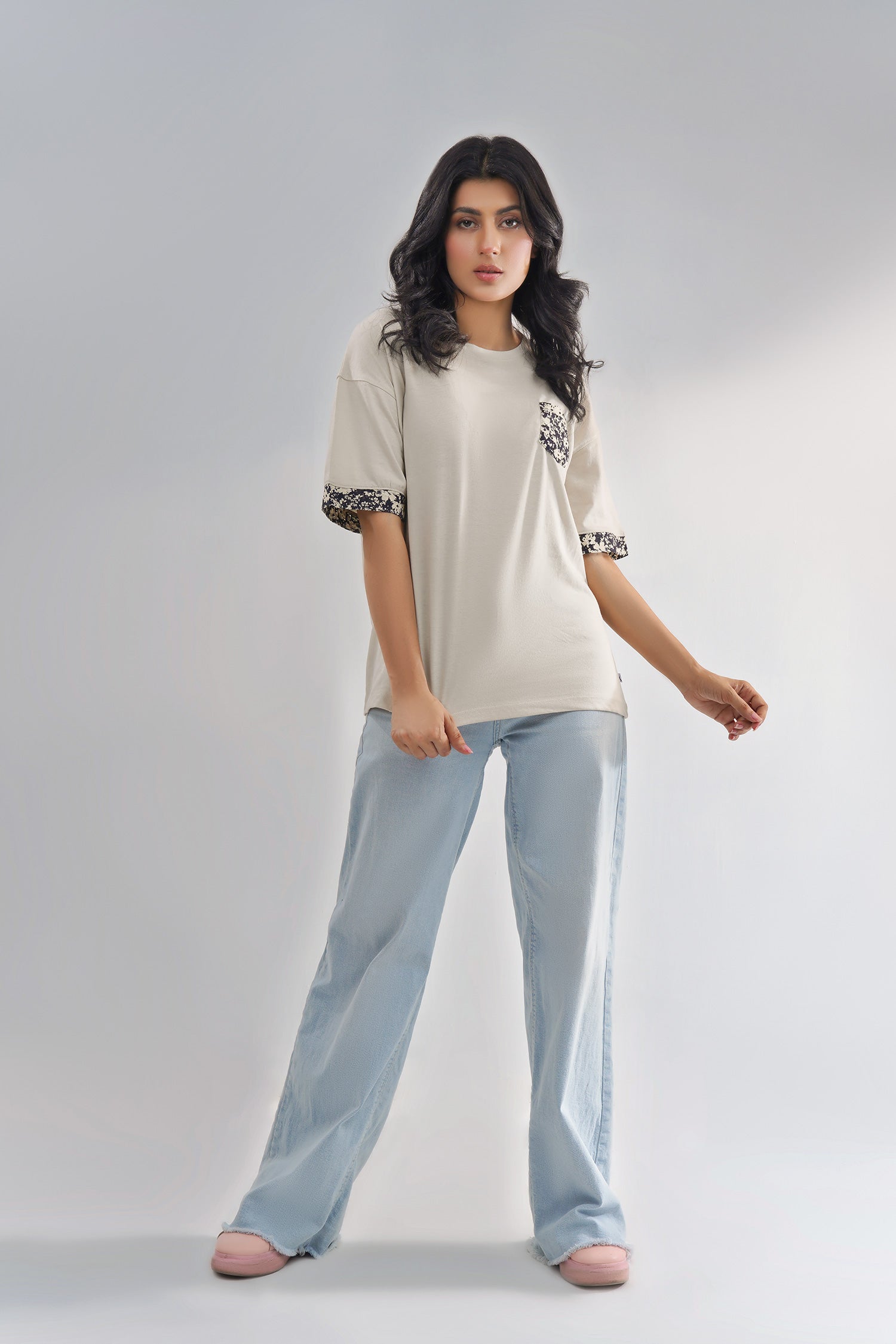 Relax Fit Women Tee With Printed Woven Trims