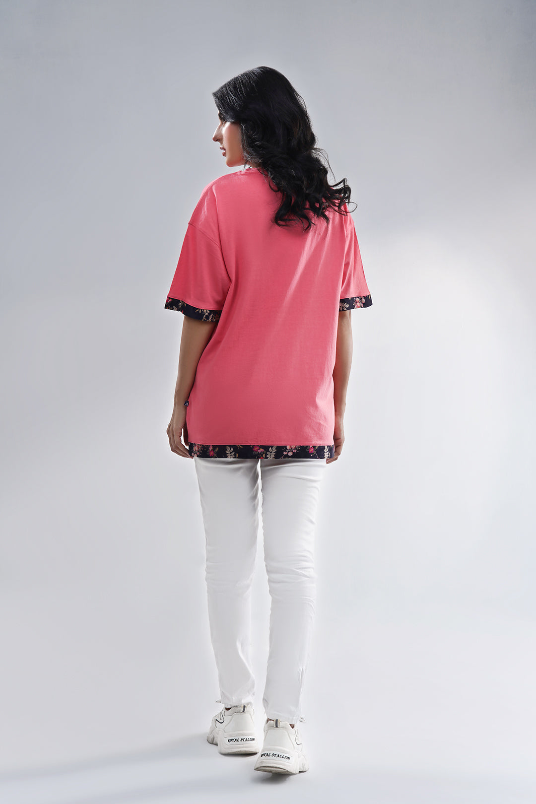 Women Relax Fit T-Shirt With Printed Woven Trims