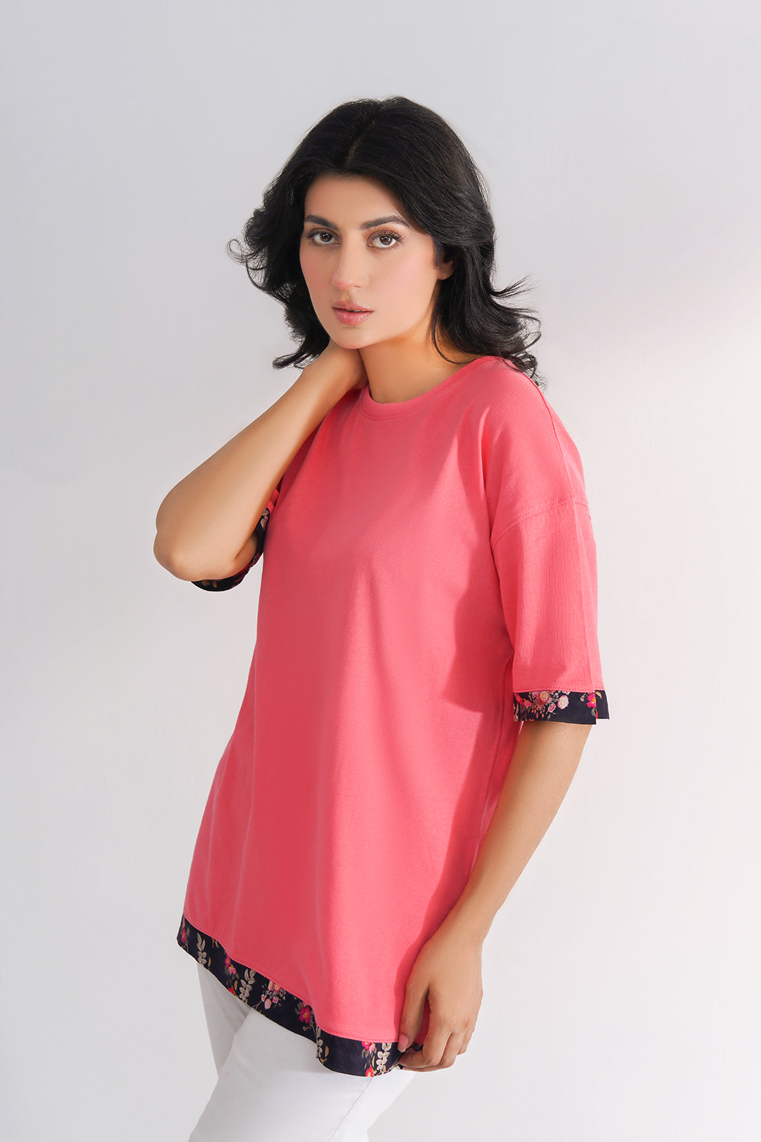 Women Relax Fit T-Shirt With Printed Woven Trims