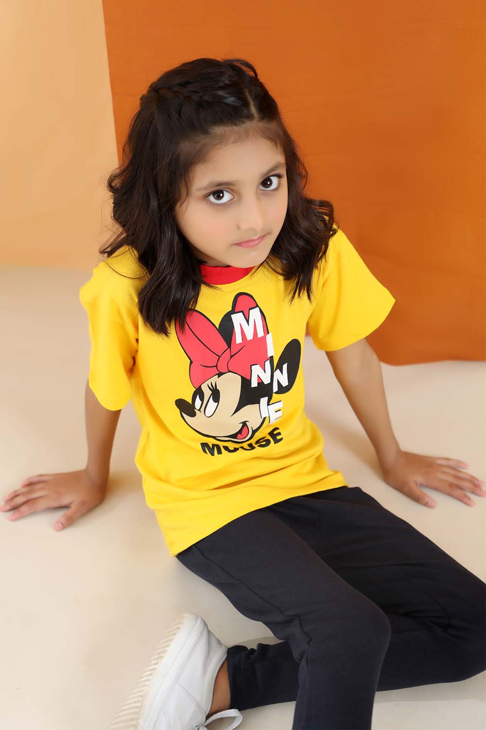 Hope Not Out by Shahid Afridi Girls Knit T-Shirt Girls' Yellow T-Shirt with Red Neck Hem and Minnie Mouse Graphic