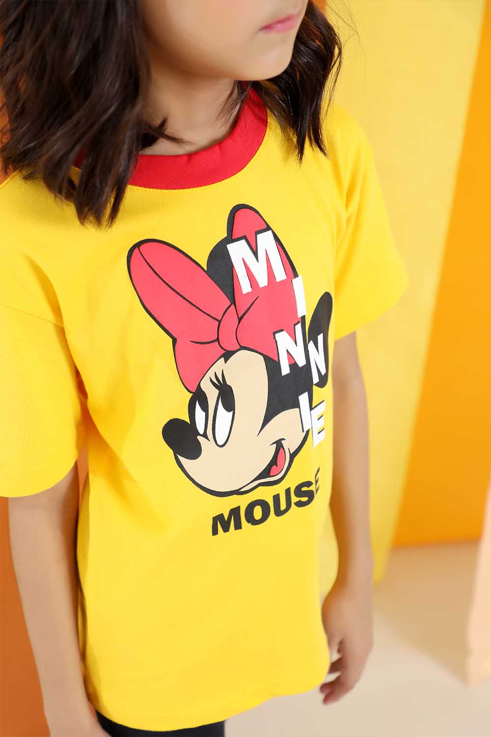 Hope Not Out by Shahid Afridi Girls Knit T-Shirt Girls' Yellow T-Shirt with Red Neck Hem and Minnie Mouse Graphic