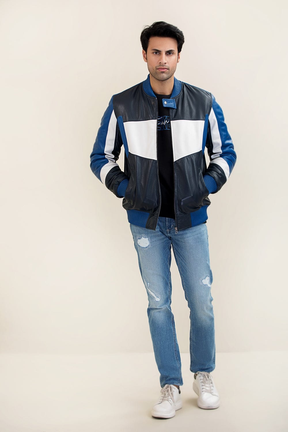 Hope Not Out by Shahid Afridi Men Jacket Leather Jacket Blue and White