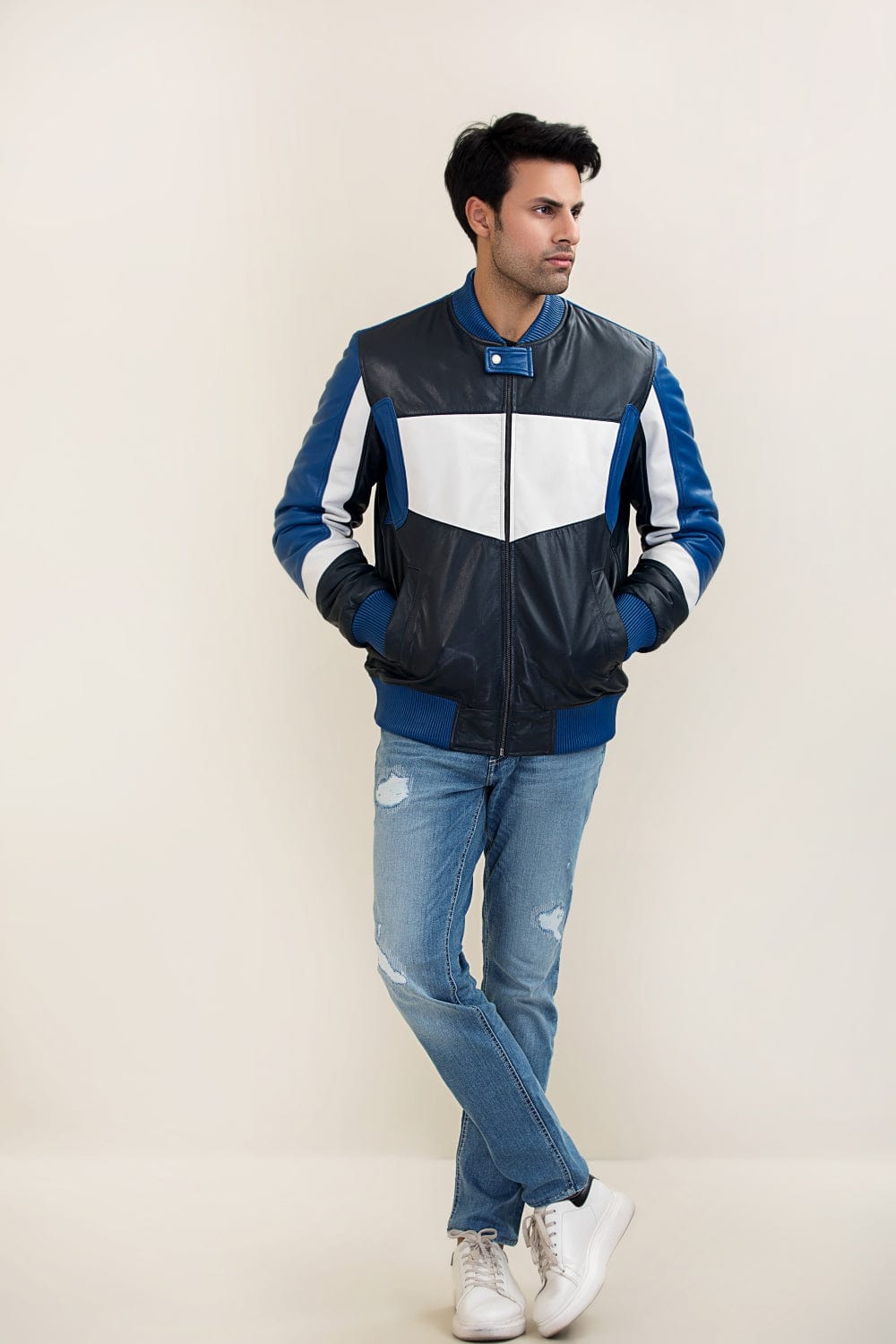 Hope Not Out by Shahid Afridi Men Jacket Leather Jacket Blue and White