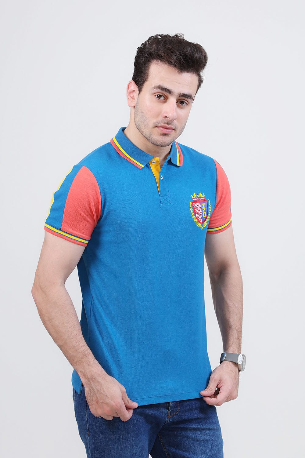 Hope Not Out by Shahid Afridi Men Polo Shirt Man Mid Blue Embroidery Tiping Collar Cuff Polo